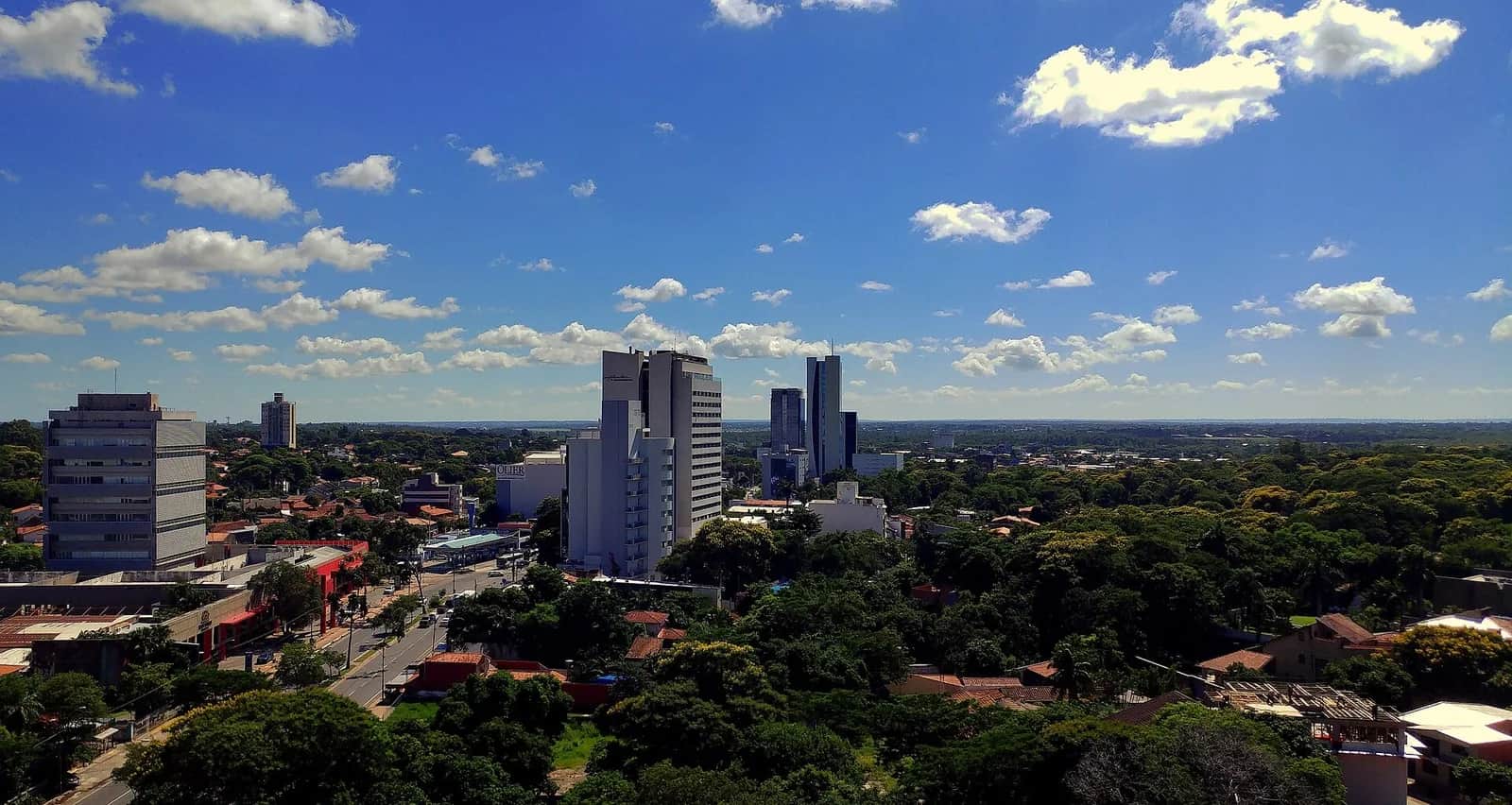Vue aérienne du quartier d'affaires d'Asunción, avec ses immeubles de bureaux et de logements au milieu des arbres