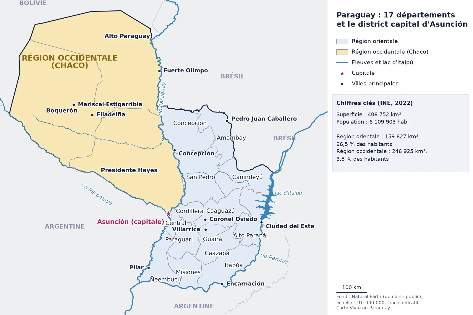 Carte du Paraguay avec les 17 départements, le district d’Asunción, les villes principales, les fleuves et la séparation entre la Région orientale et le Chaco