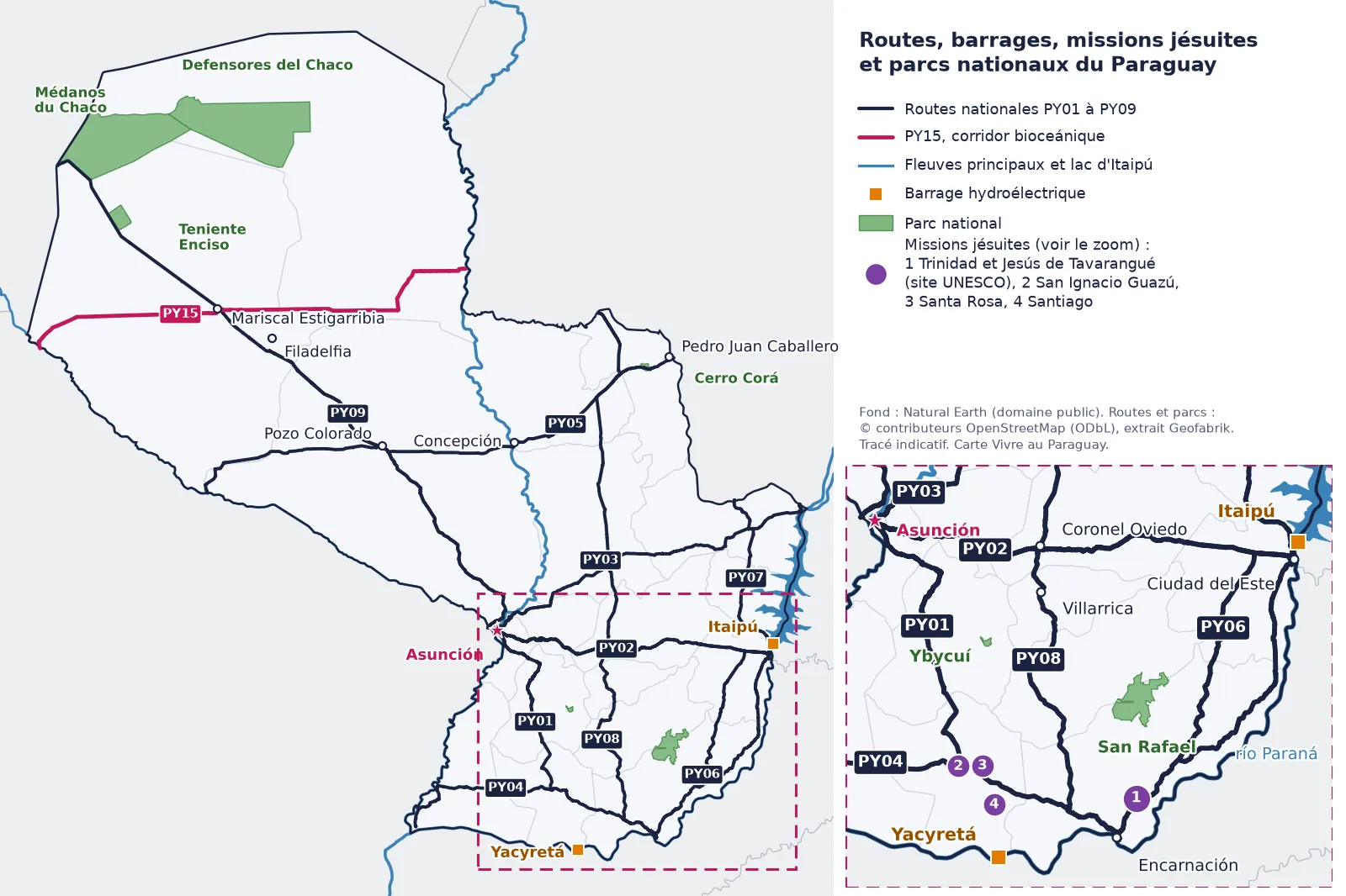 Carte du Paraguay des routes nationales PY01 à PY09 et PY15, des barrages d’Itaipú et de Yacyretá, des missions jésuites et des parcs nationaux, avec un zoom sur le sud-est