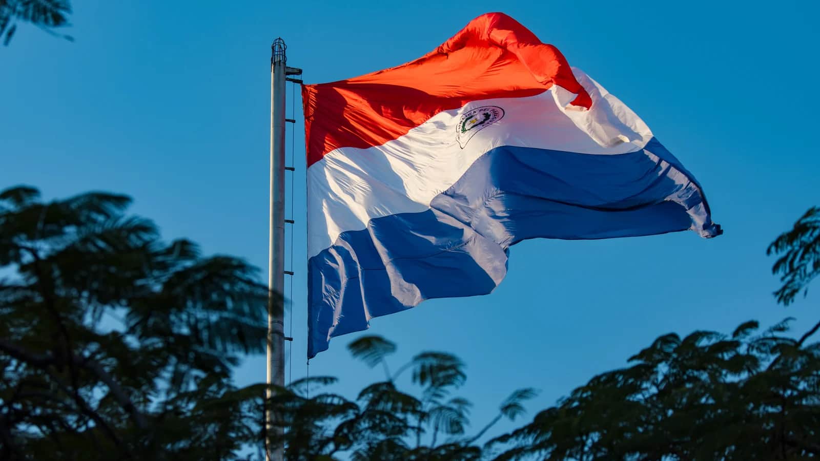 Drapeau du Paraguay flottant au vent en haut de son mât, sous un ciel bleu, lors de l’investiture du président Santiago Peña en août 2023