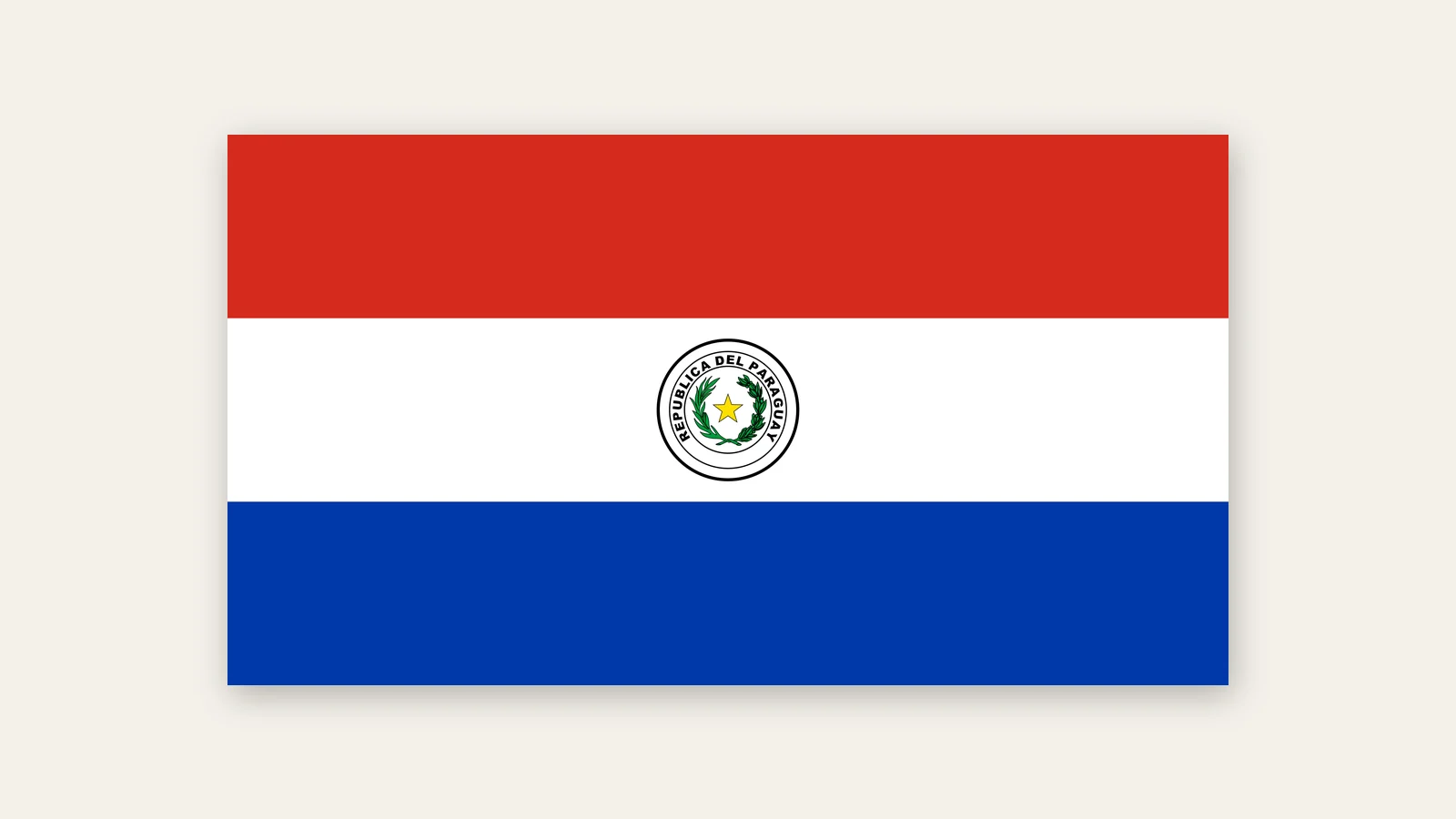 Drapeau du Paraguay, côté endroit : bandes rouge, blanche et bleue avec les armes nationales et l’étoile jaune au centre
