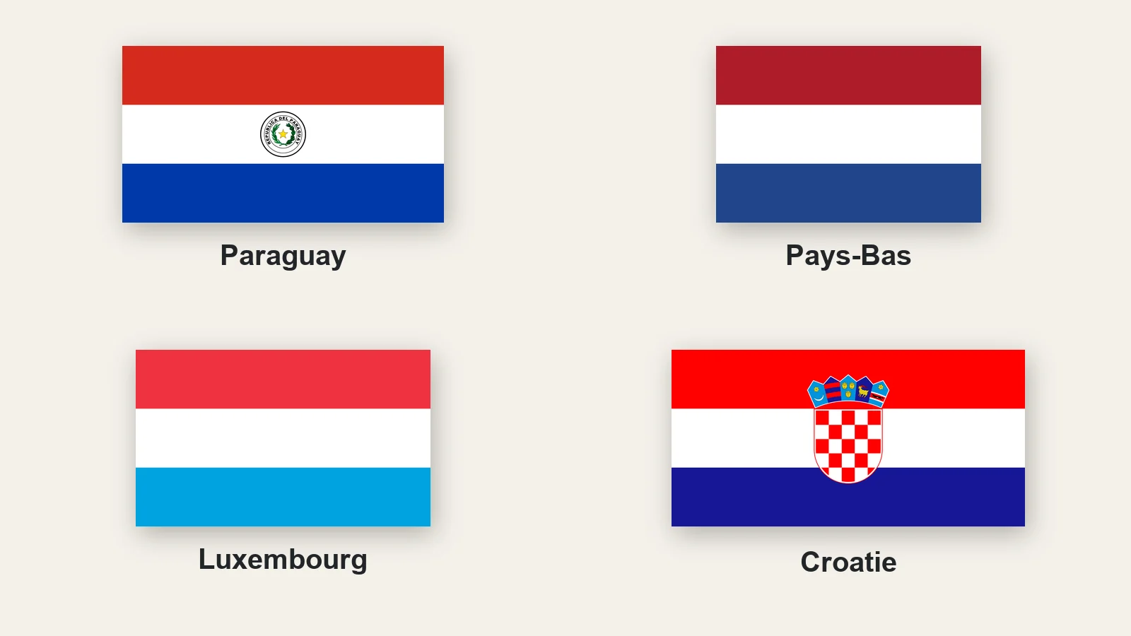 Les drapeaux du Paraguay, des Pays-Bas, du Luxembourg et de la Croatie, quatre tricolores horizontaux rouge, blanc et bleu