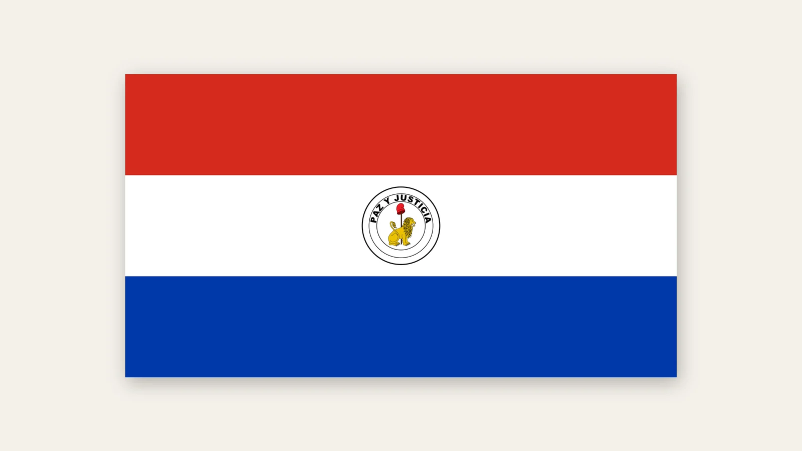 Drapeau du Paraguay, côté envers : bandes rouge, blanche et bleue avec le sceau du Trésor, un lion devant un bonnet phrygien et la devise Paz y Justicia