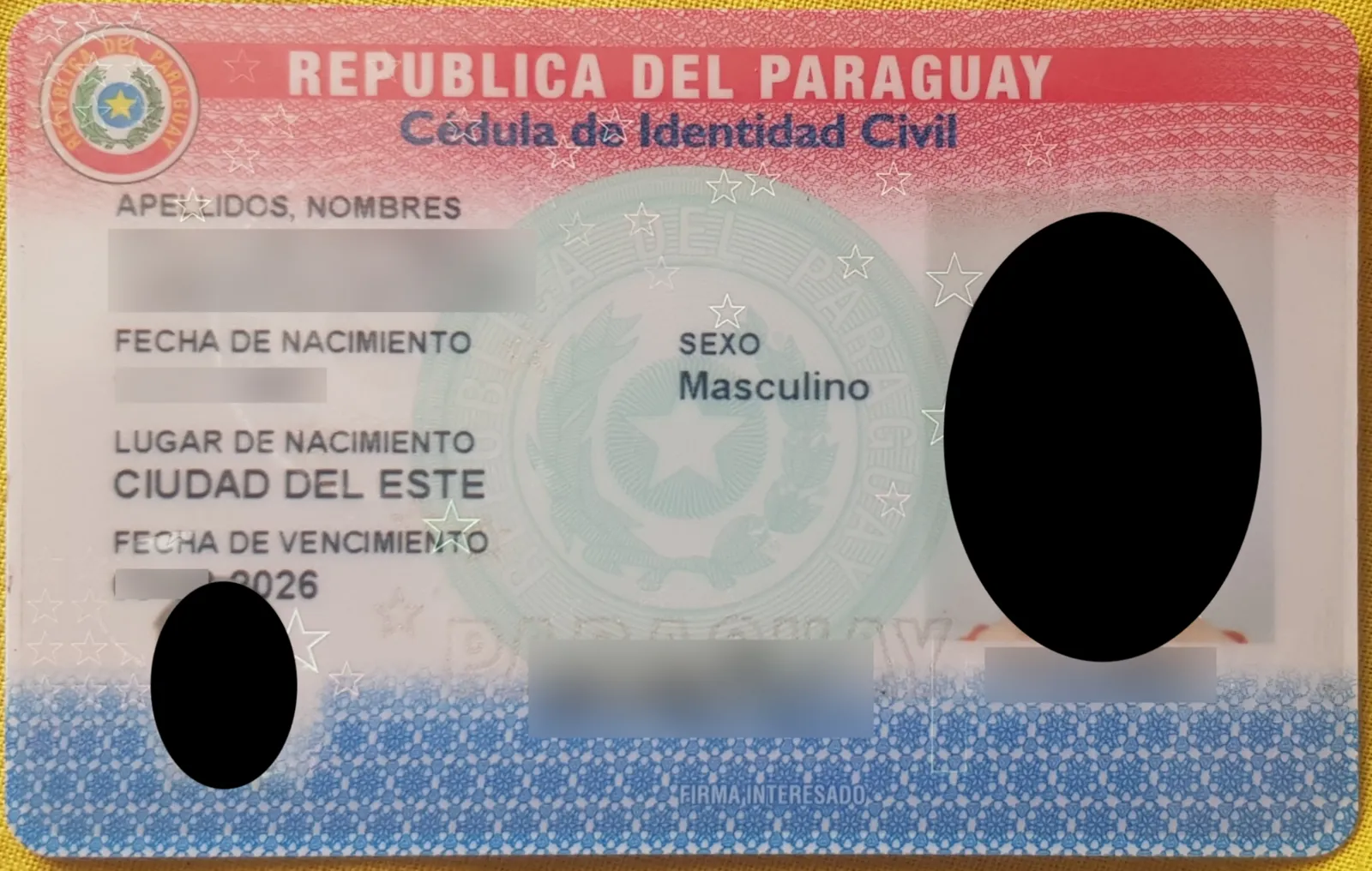 Cédula de identidad civile paraguayenne, données personnelles masquées