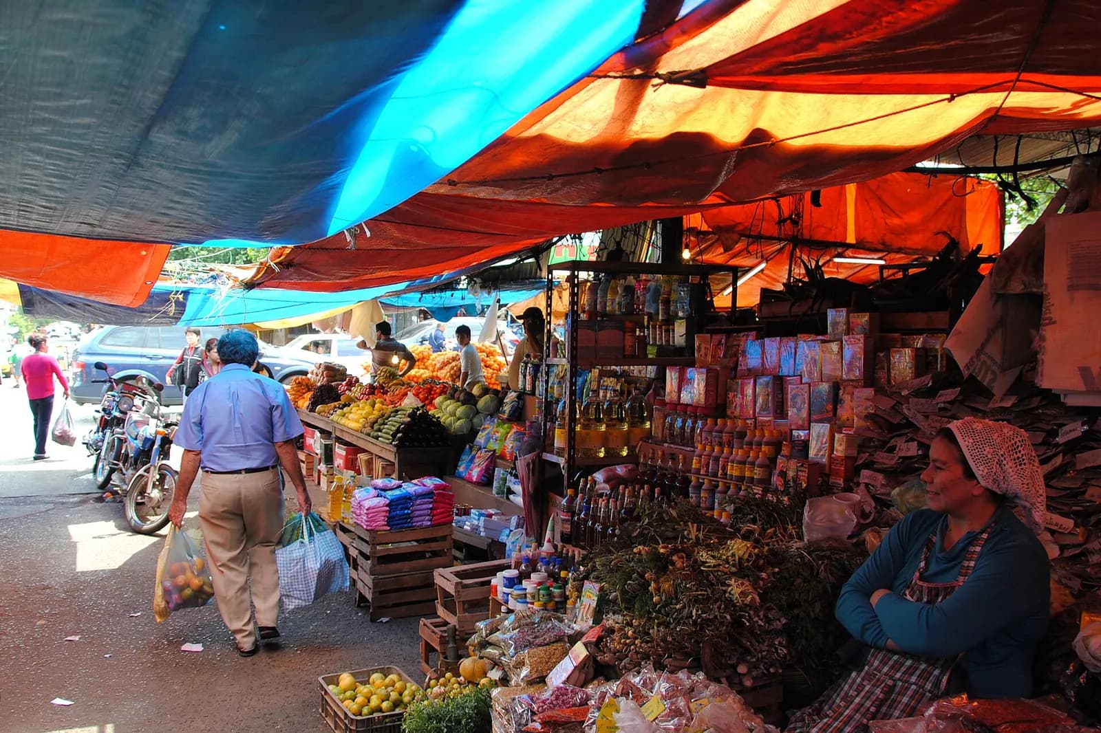 Allée du Mercado 4 d’Asunción sous les bâches, avec étals de fruits, d’épices et vendeuse